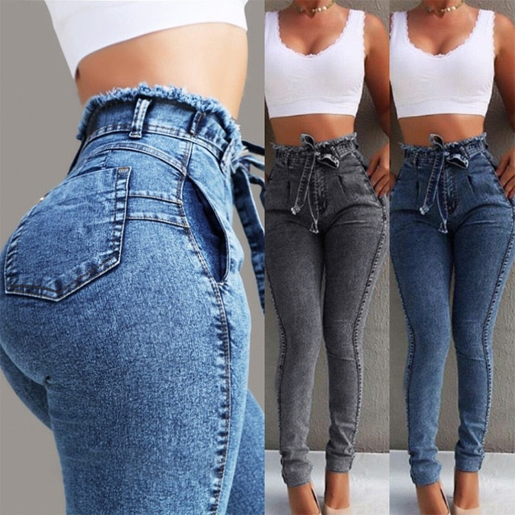 High Waist Jeans For Women Slim Stretch Denim Jean Bodycon Tassel Belt Bandage Skinny Push Up Jeans Woman clothe 4XL 5XL