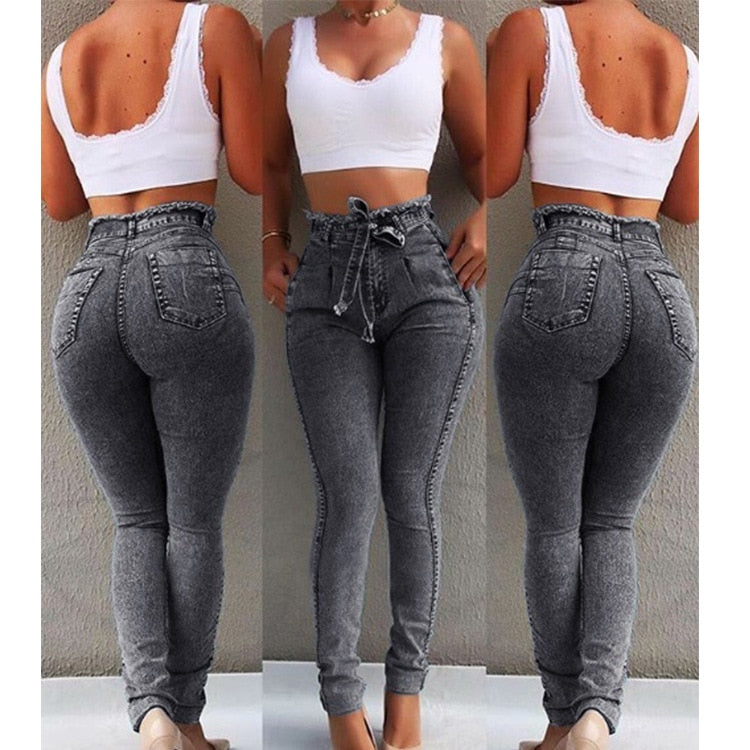 High Waist Jeans For Women Slim Stretch Denim Jean Bodycon Tassel Belt Bandage Skinny Push Up Jeans Woman clothe 4XL 5XL