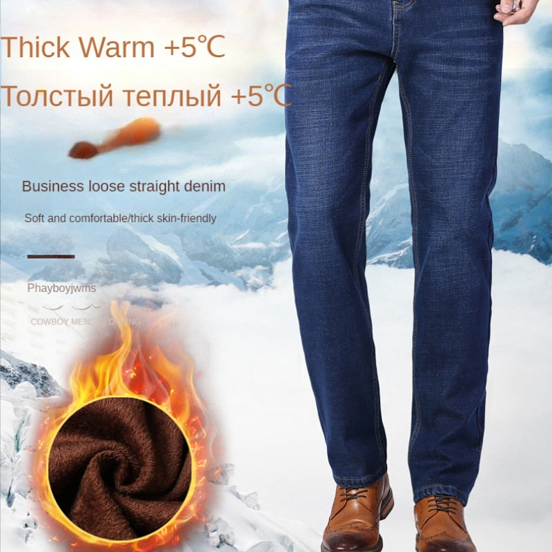 Brand Autumn Winter Warm Flocking Denim Soft  Men Activities Fleece Line Men Jeans Black Blue Grey Colors