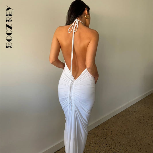 BoozRey Elegant Fashion Halter Sexy Backless Draped Maxi Dress Women 2022 Summer Women Party Long Straps Pleated Dresses Clothes