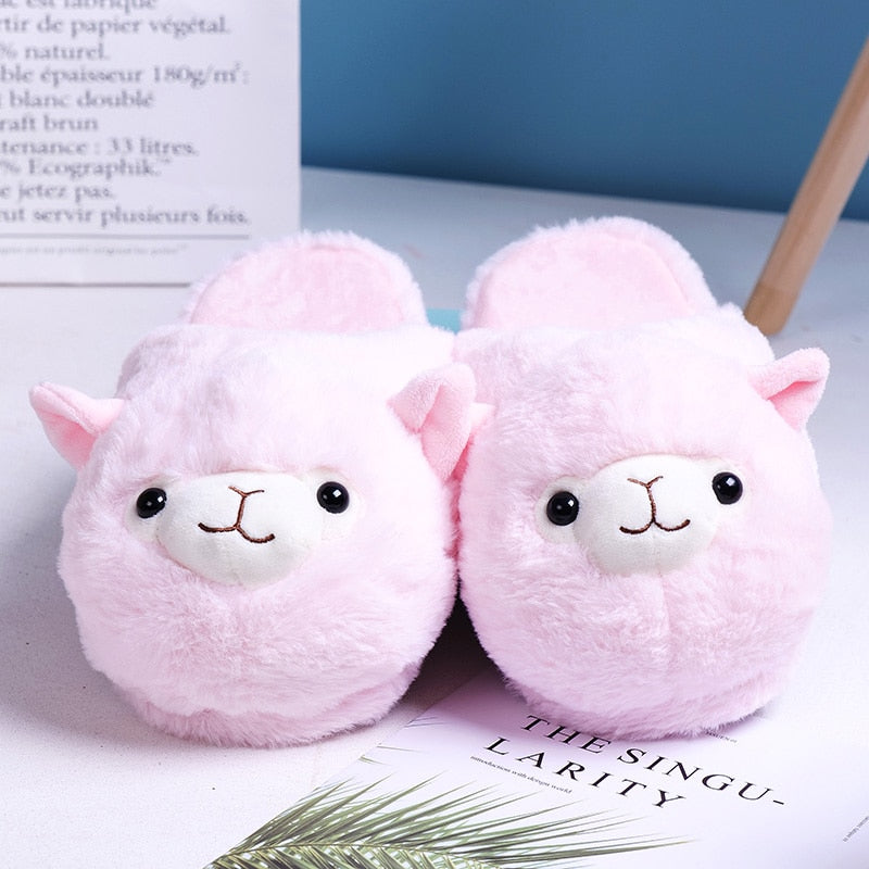 Cute Cartoon Alpaca House Women Fur Slippers Winter Warm Plush Parent-Child Floor Slides Indoor Bedroom Girls Fluffy Slippes