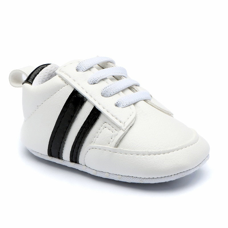 Baby Shoes Newborn Boys Sneaker Girls Two Striped First Walkers Kids Toddlers Lace Up PU Leather Soft Soles Sneakers 0-18 Months