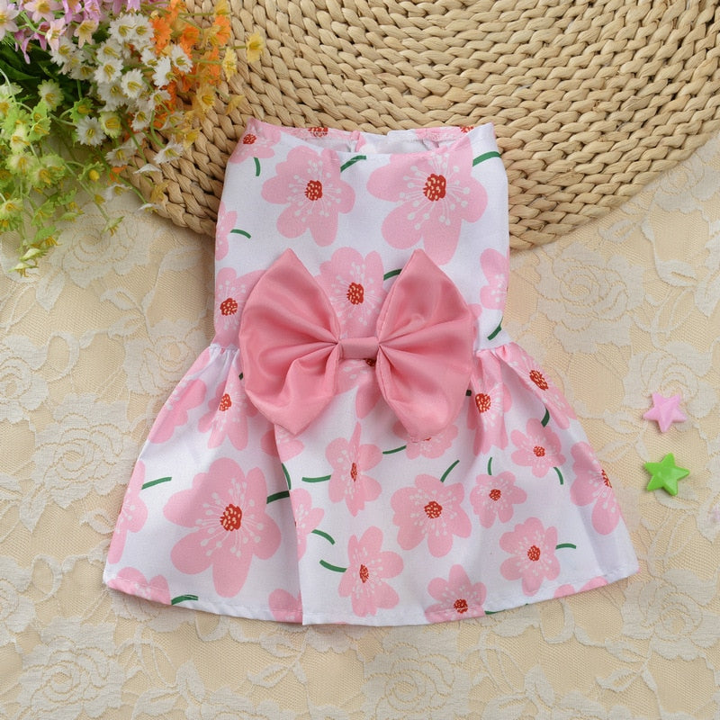 Floral Dog Dress Bow Princess Dress Dog Skirt Spring Summer Section Wedding Dresses Cute Sweet Thin Small Fresh Snap Style