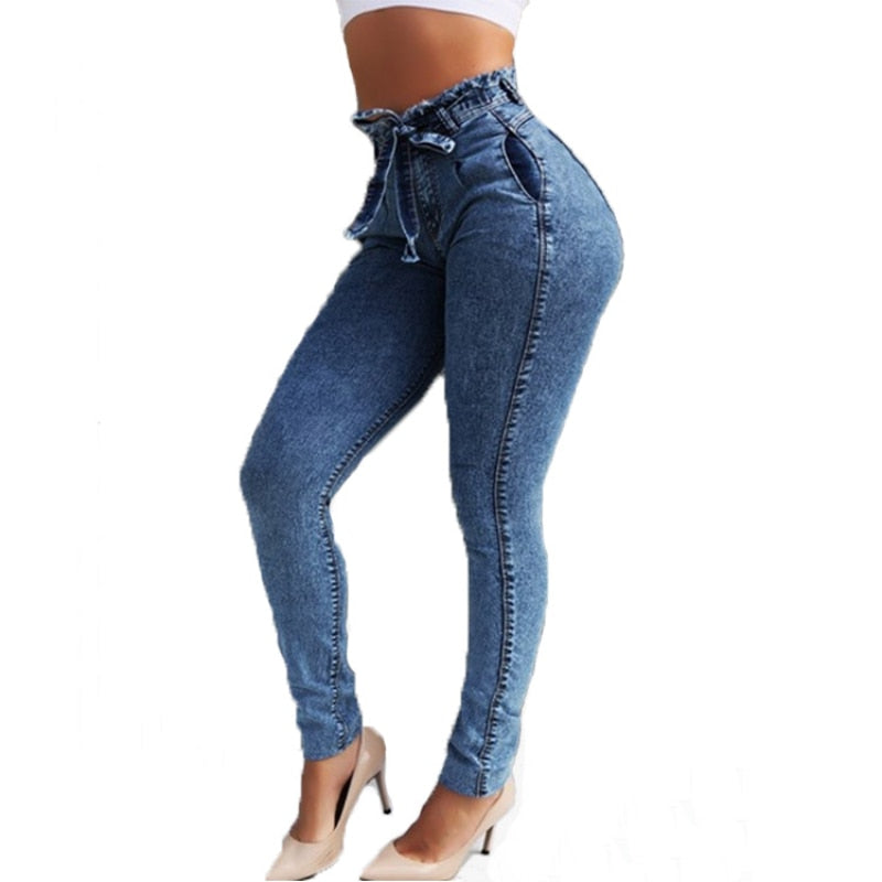 High Waist Jeans For Women Slim Stretch Denim Jean Bodycon Tassel Belt Bandage Skinny Push Up Jeans Woman clothe 4XL 5XL