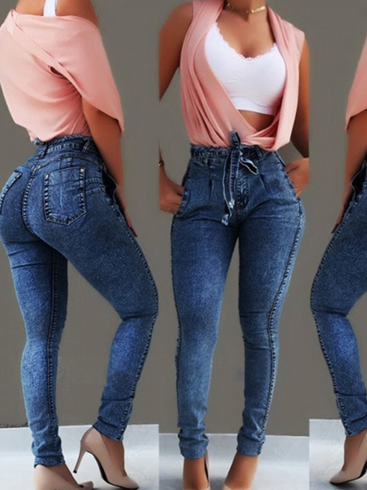 High Waist Jeans For Women Slim Stretch Denim Jean Bodycon Tassel Belt Bandage Skinny Push Up Jeans Woman clothe 4XL 5XL