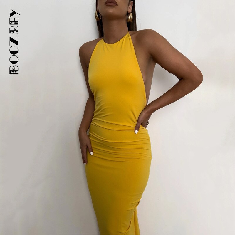 BoozRey Elegant Fashion Halter Sexy Backless Draped Maxi Dress Women 2022 Summer Women Party Long Straps Pleated Dresses Clothes