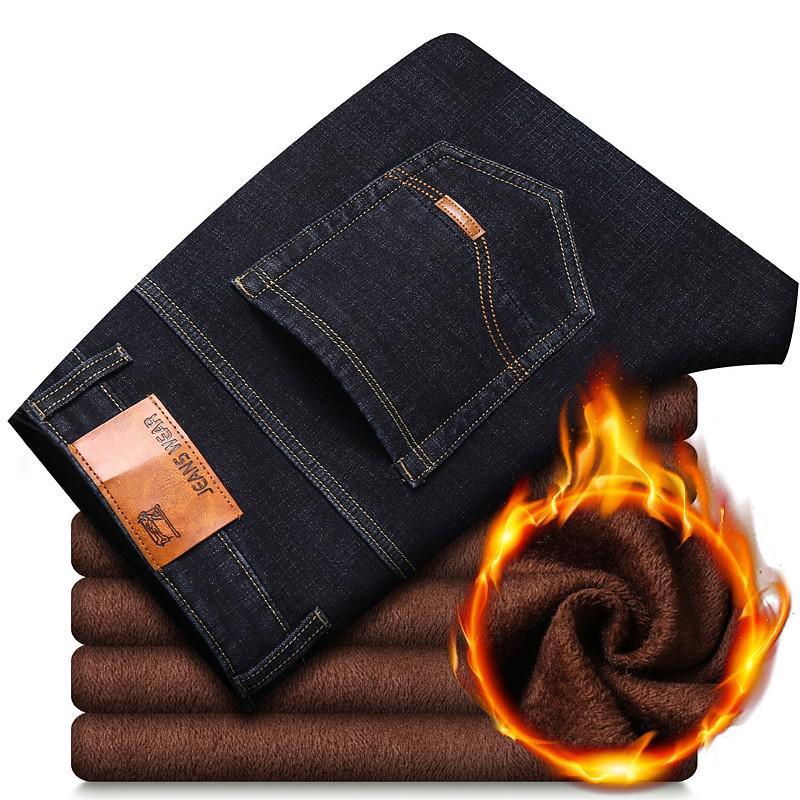 Brand Autumn Winter Warm Flocking Denim Soft  Men Activities Fleece Line Men Jeans Black Blue Grey Colors