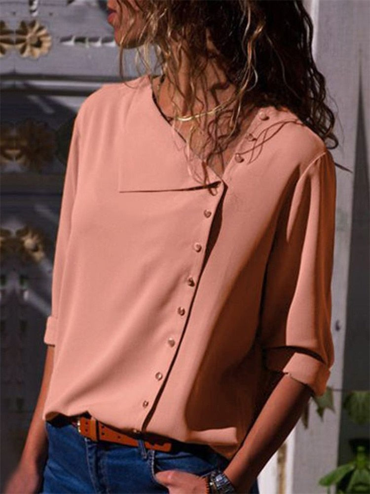 Women Tops And Blouses 2022 Fashion Long Sleeve Skew Collar Chiffon Blouse Casual Tops Plus Size Elegent Work Wear Shirt