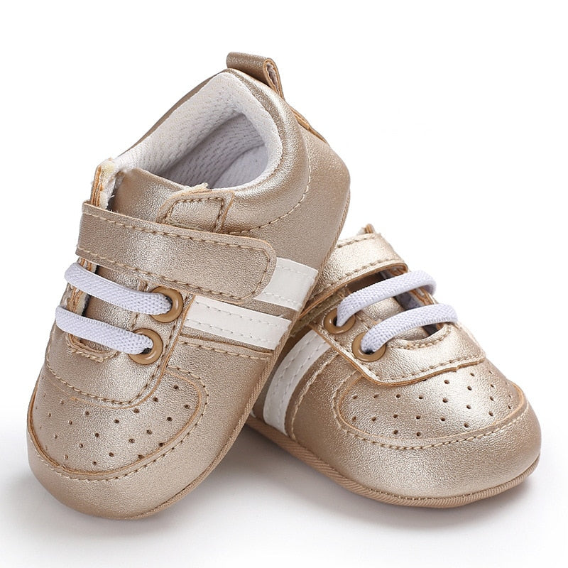 Baby Shoes Newborn Boys Sneaker Girls Two Striped First Walkers Kids Toddlers Lace Up PU Leather Soft Soles Sneakers 0-18 Months