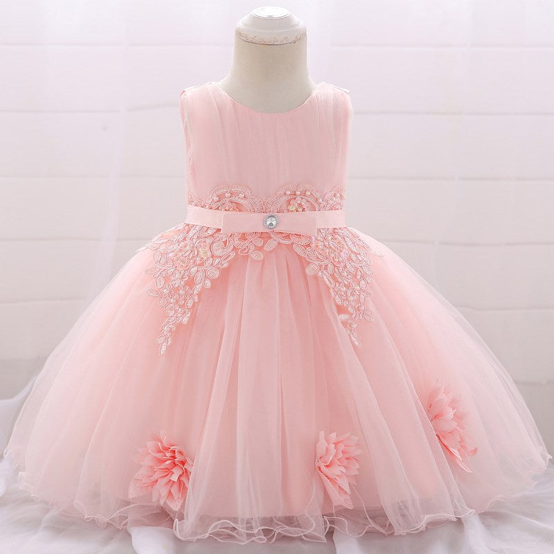 Baby Girl Clothes Flower Bow Lace for 1 Years Dress Kids Girls Birthday Toddler Birthday Party Princess Baptism Dress L1871XZ