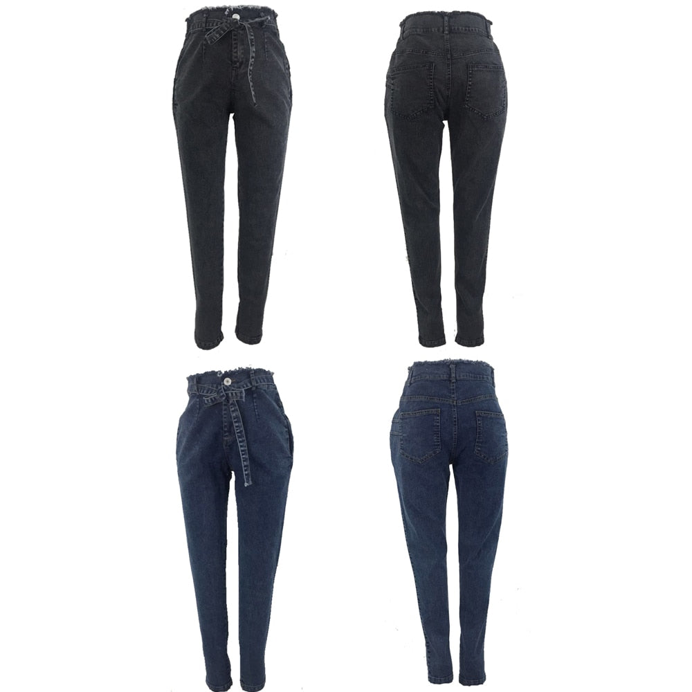 High Waist Jeans For Women Slim Stretch Denim Jean Bodycon Tassel Belt Bandage Skinny Push Up Jeans Woman clothe 4XL 5XL