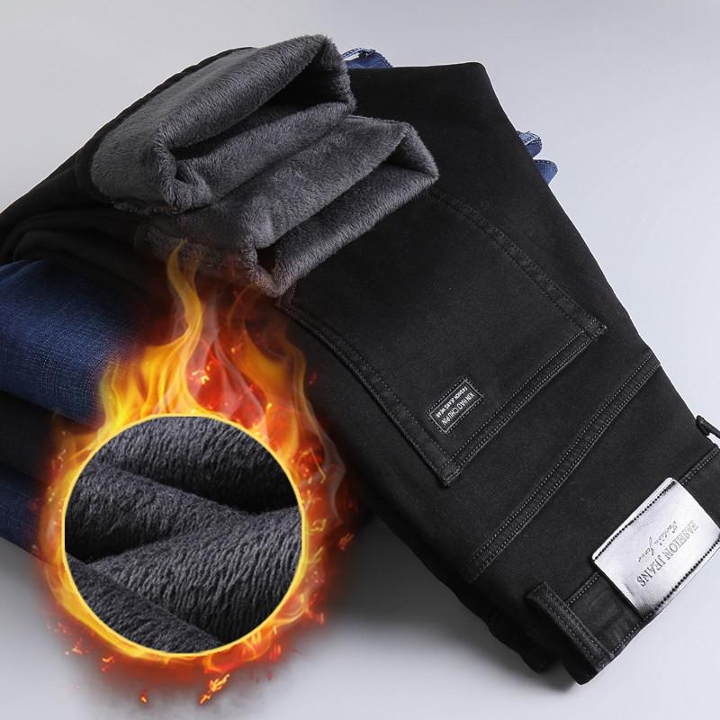 Brand Autumn Winter Warm Flocking Denim Soft  Men Activities Fleece Line Men Jeans Black Blue Grey Colors