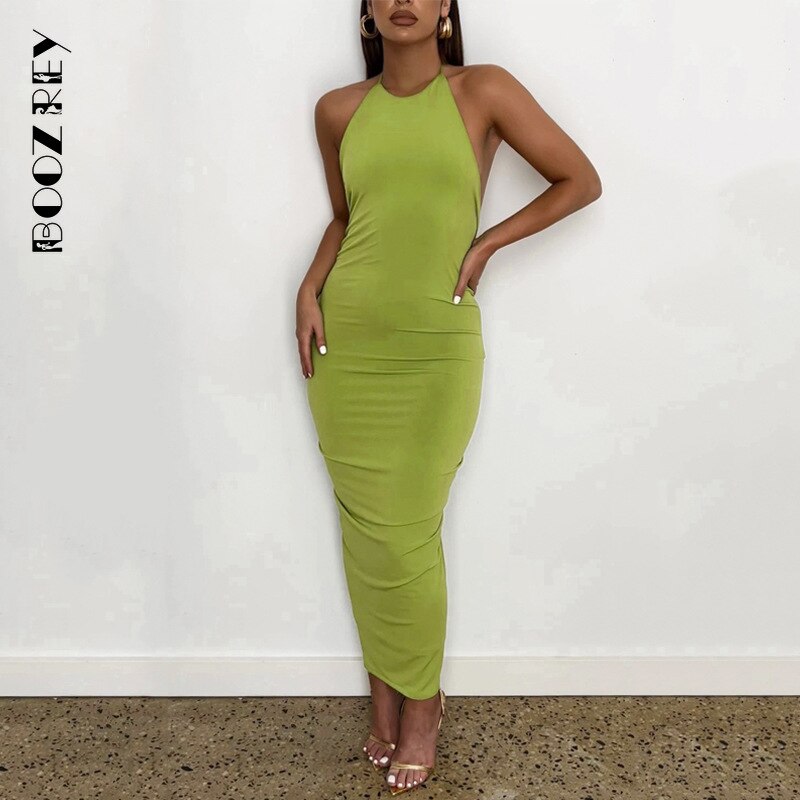 BoozRey Elegant Fashion Halter Sexy Backless Draped Maxi Dress Women 2022 Summer Women Party Long Straps Pleated Dresses Clothes