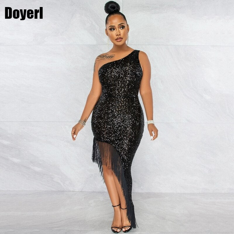 Sexy Sequin Party Dress for Women Elegant Long Sleeve One Shoulder Tassel Glitter Bodycon Dress Midi Sparkly Club Birthday Dress