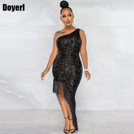 Sexy Sequin Party Dress for Women Elegant Long Sleeve One Shoulder Tassel Glitter Bodycon Dress Midi Sparkly Club Birthday Dress