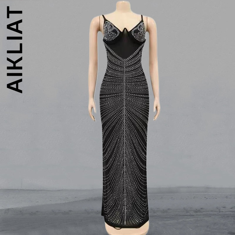 Aikliat Dress Women Fashion Black Mesh Sheer Rhinestones Maxi Dress Soft Stylish Outfits Leisure Vestidos Woman Clothes Female