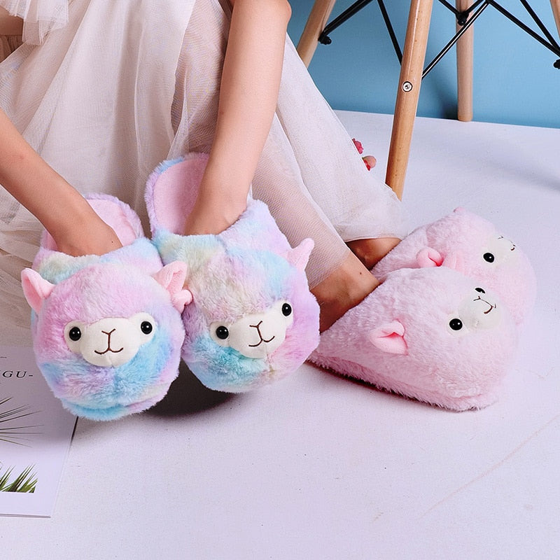 Cute Cartoon Alpaca House Women Fur Slippers Winter Warm Plush Parent-Child Floor Slides Indoor Bedroom Girls Fluffy Slippes