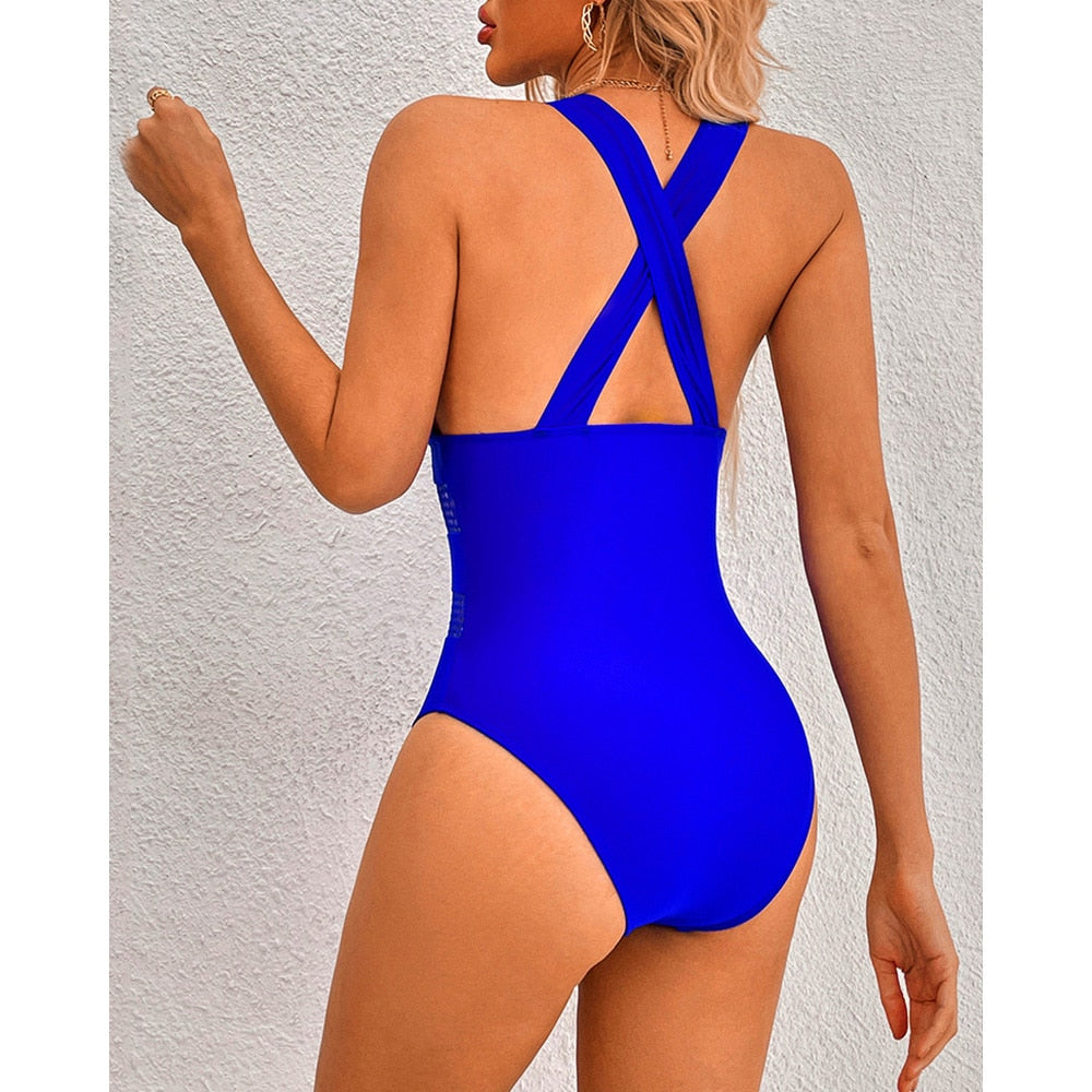 Divasily Sexy Solid Crisscross Backless Fishnet Decor One Piece Swimsuit For Women Girl Swimwear 2022 New Bathing Suit Beachwear