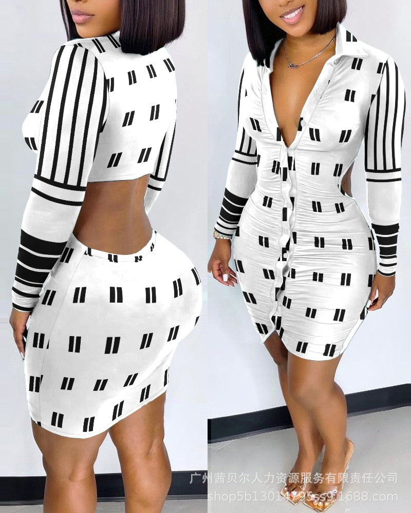 2022 Spring Summer Women&#39;s Clothing Elastic Sexy Shirt Push up Fabric Dress Full Sleeve Single Breasted Button Mini Dress