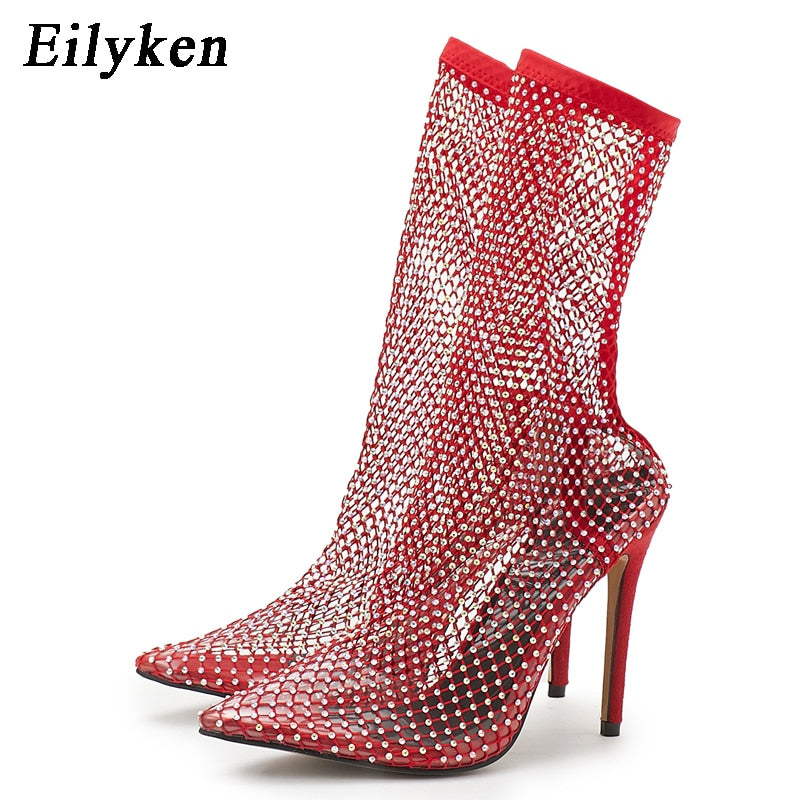 Eilyken New Design Crystal Rhinestone Mesh Stretch Fabric Sock Boots Fashion PVC Transparent Pointed Toe Shoes Sexy High Heels