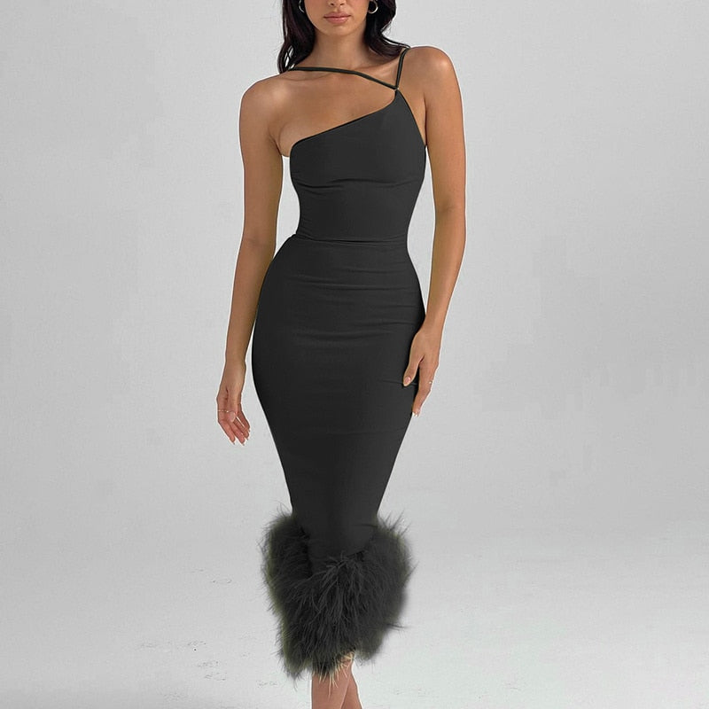 Mozision Elegant One Shoulder Feather Bottom Midi Dress For Women Robe Summer New Sleeveless Bodycon Long Dress Clubwear