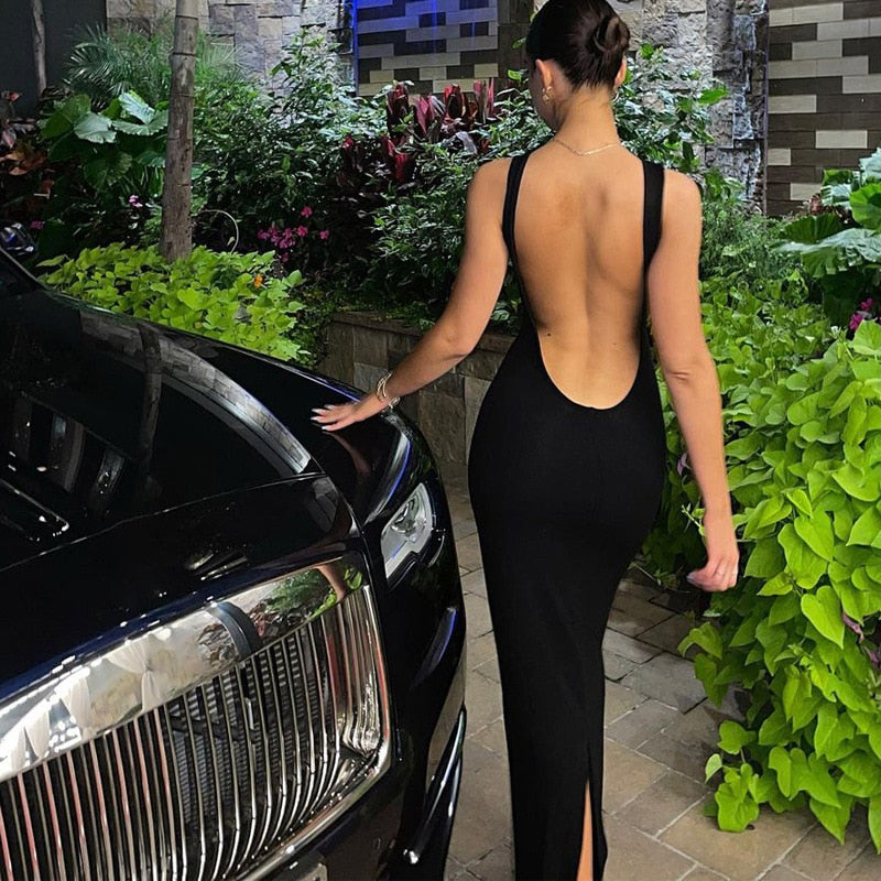 Fashion Sexy O-neck Backless Long Maxi Evening Dresses Women Hollow Out Sleeveless Split Bodycon Party Dress for New Year 2022