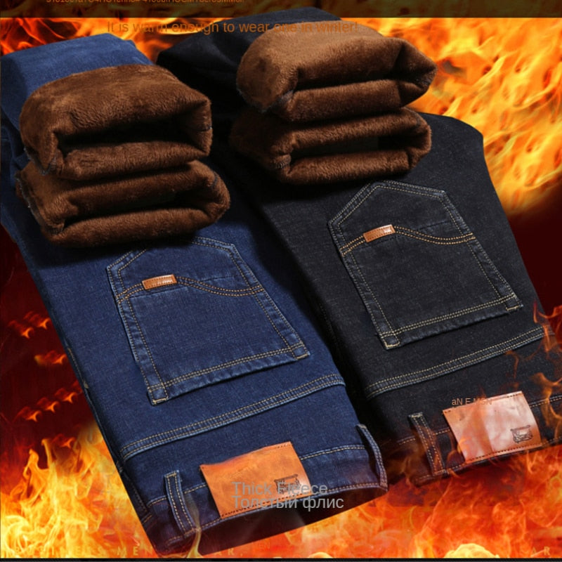 Brand Autumn Winter Warm Flocking Denim Soft  Men Activities Fleece Line Men Jeans Black Blue Grey Colors