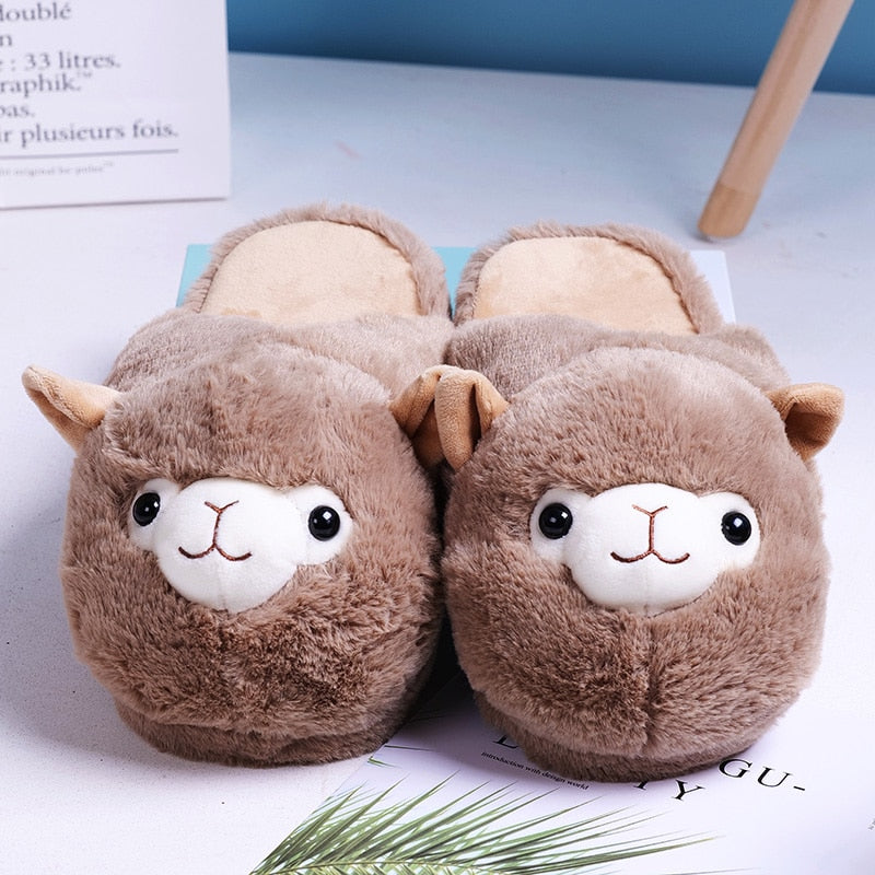 Cute Cartoon Alpaca House Women Fur Slippers Winter Warm Plush Parent-Child Floor Slides Indoor Bedroom Girls Fluffy Slippes