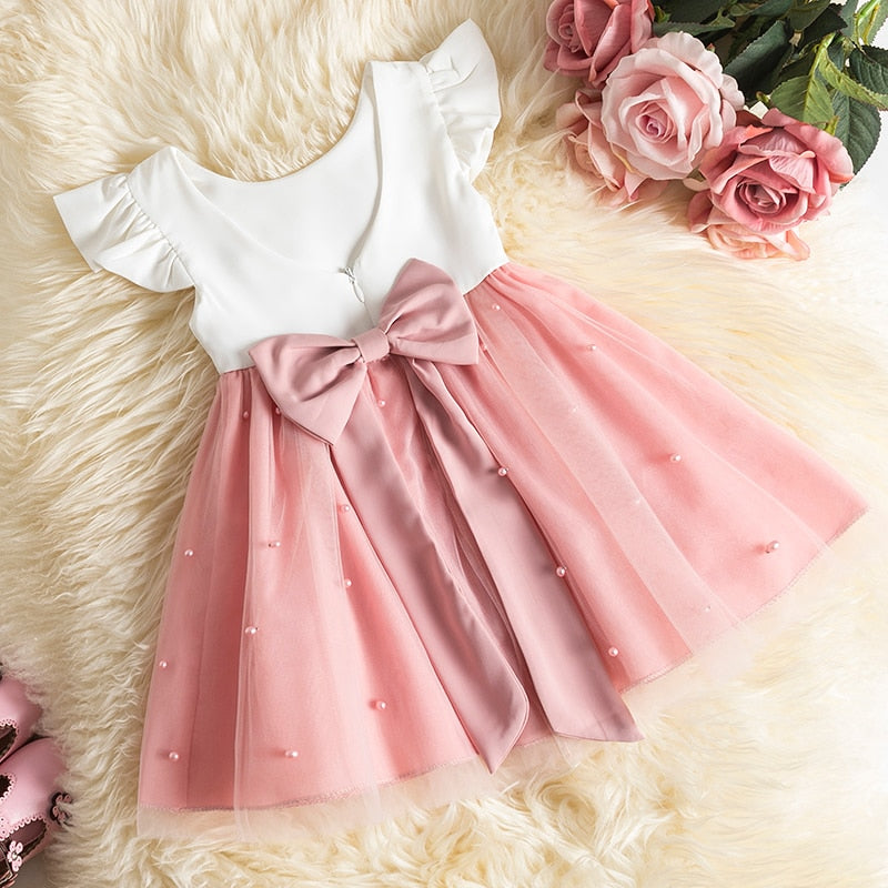 Toddler Girl Flower Birthday Tulle Dress Backless Bow Wedding Gown Kids Party Wear Princess Pink Dress Baby Girl Bowknot Dresses