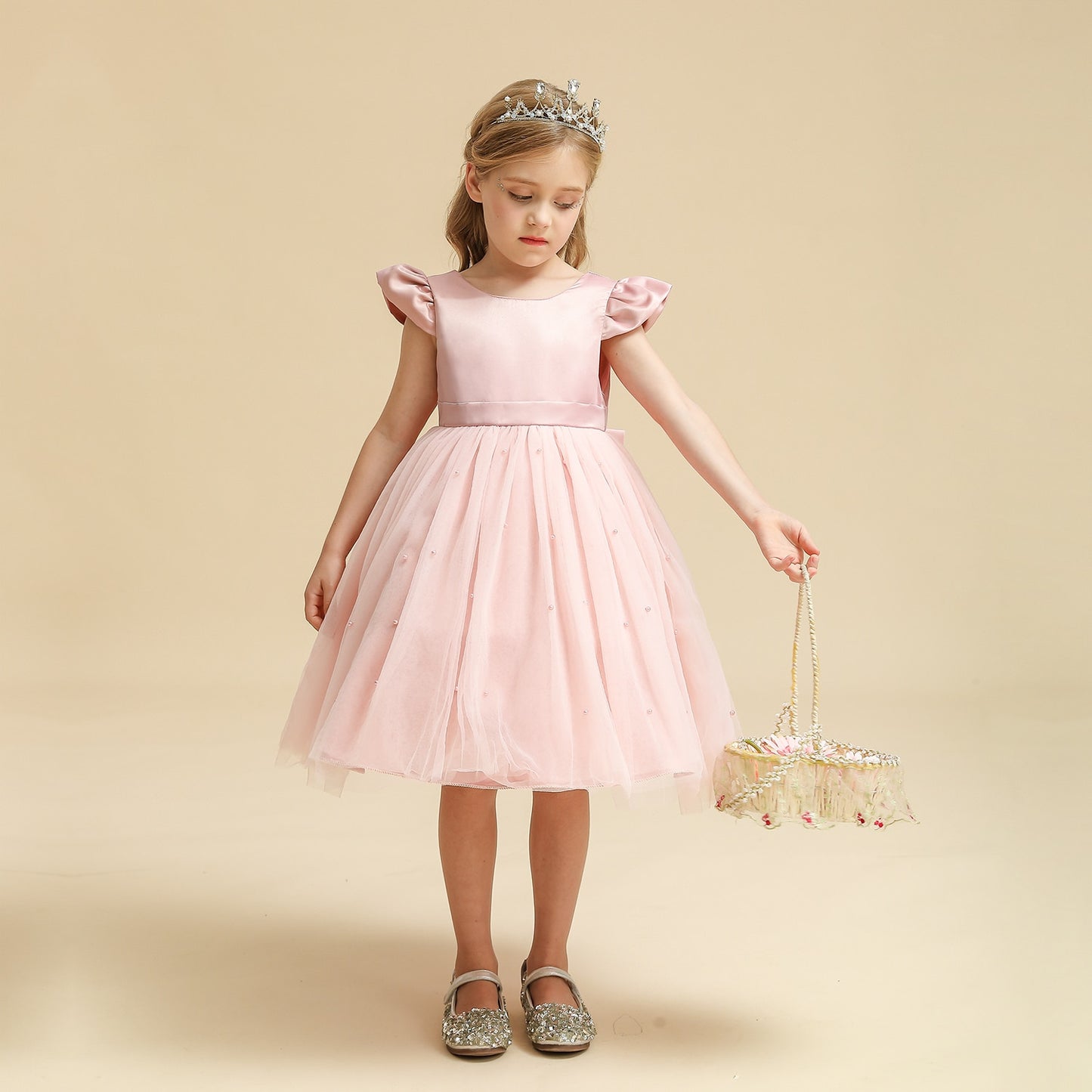 Toddler Girl Flower Birthday Tulle Dress Backless Bow Wedding Gown Kids Party Wear Princess Pink Dress Baby Girl Bowknot Dresses