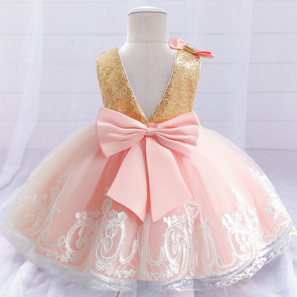 Toddler Girl Flower Birthday Tulle Dress Backless Bow Wedding Gown Kids Party Wear Princess Pink Dress Baby Girl Bowknot Dresses