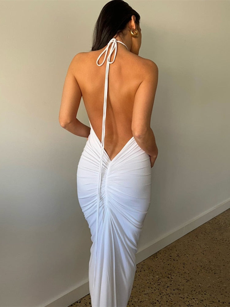 BoozRey Elegant Fashion Halter Sexy Backless Draped Maxi Dress Women 2022 Summer Women Party Long Straps Pleated Dresses Clothes