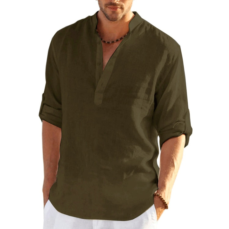 New Men&#39;s Linen Long Sleeve Shirt Solid Color Casual  Long Sleeve Cotton Linen Shirt Tops Size S-5XL