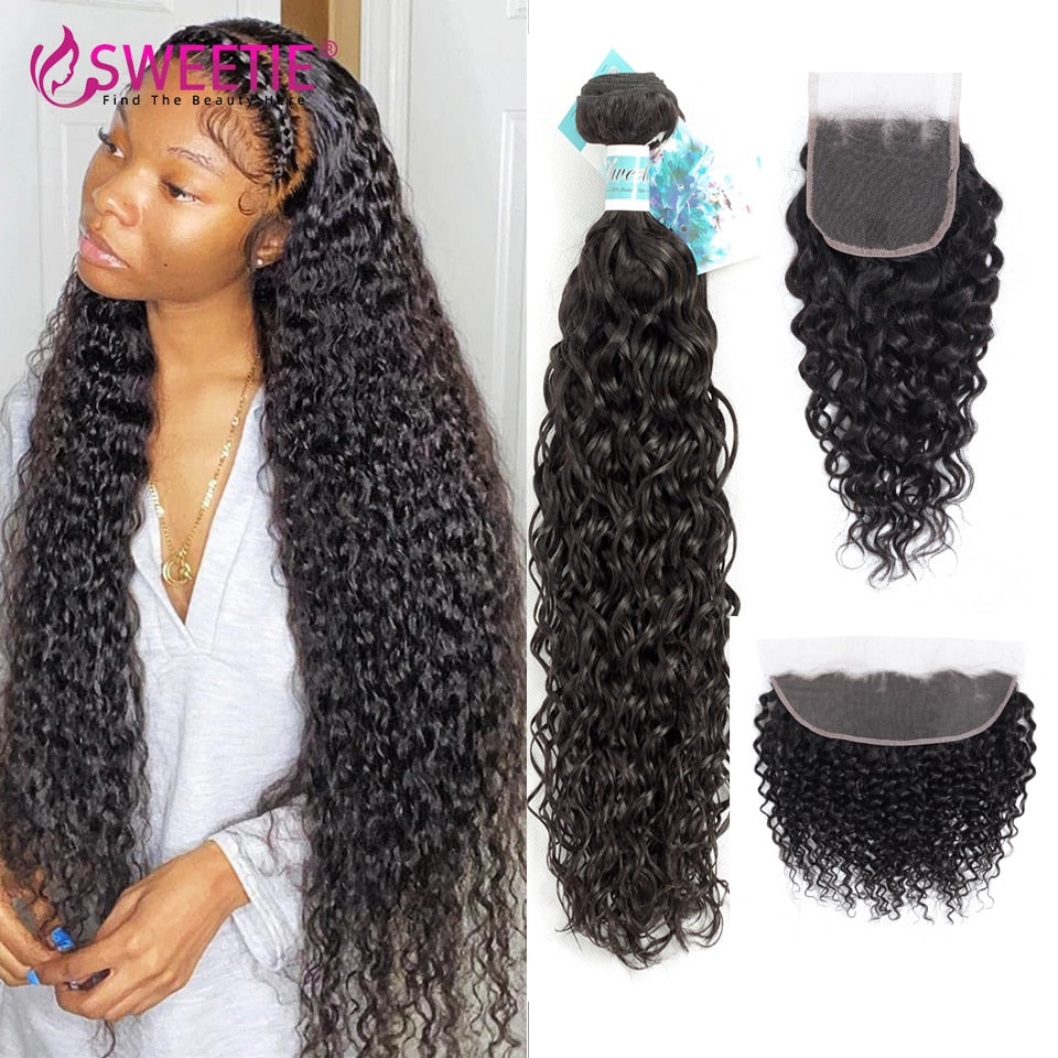 Sweetie Water Wave Bundles With Frontal Closure Brazilian Human Hair Weave 3 or 4 Bundles Remy Lace Frontal Closure With Bundles