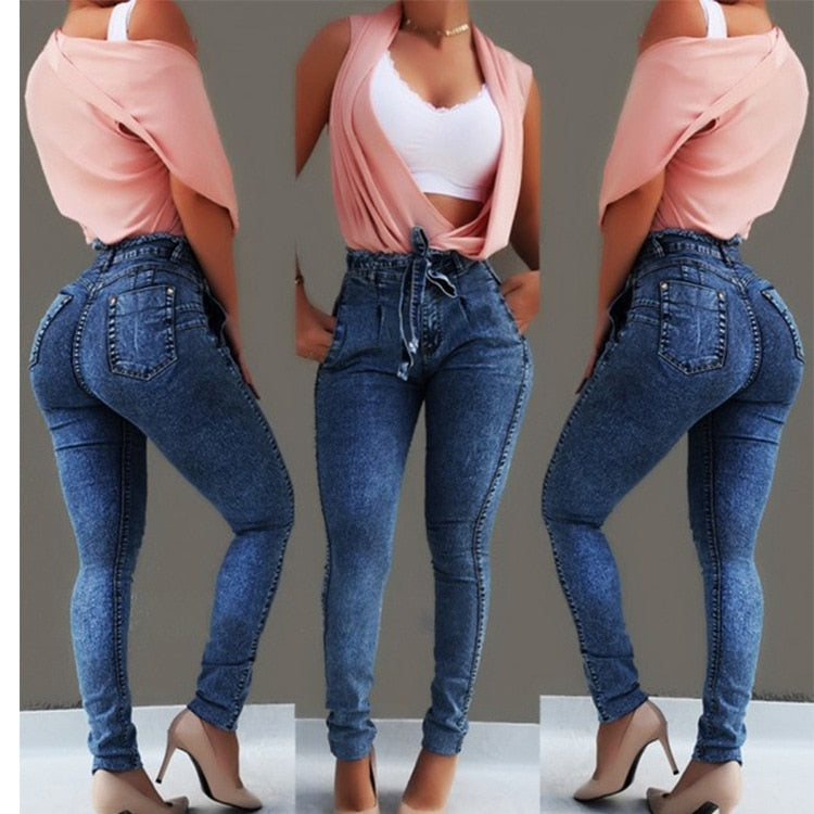 High Waist Jeans For Women Slim Stretch Denim Jean Bodycon Tassel Belt Bandage Skinny Push Up Jeans Woman clothe 4XL 5XL