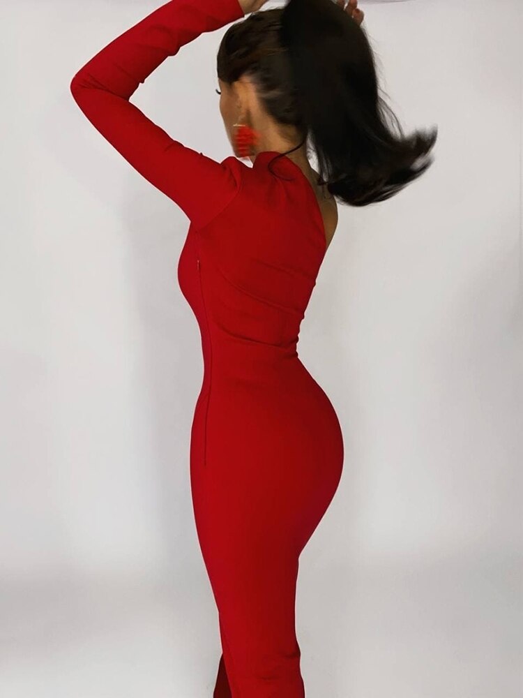 Red Elegant Dresses For Women 2022 Fashion One Shoulder Maxi Dress Bodycon Spring Summer Ladies Sexy Evening Club Party Dress