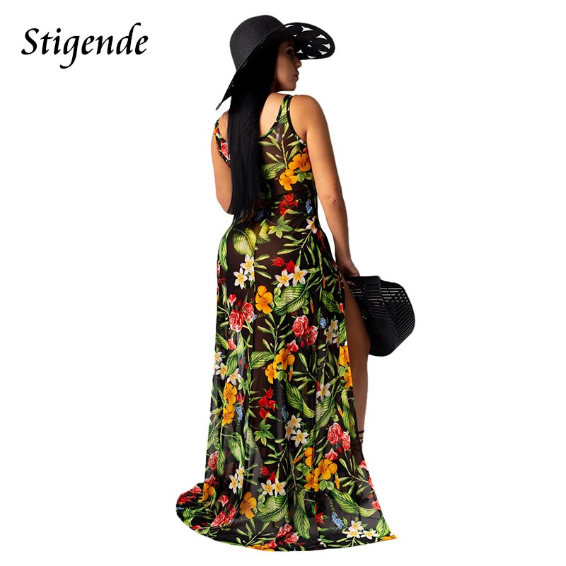 Stigende Women Palm Leaf Mesh Cover Up Dress Summer Floral Print Sundress Beachwear See Through High Split Long Maxi Dress