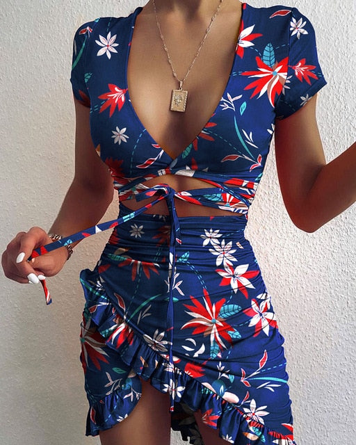 Cryptographic Floral Print Fashion Tie Up Wrap Mini Dress 2021 Summer Holiday Ruffles Sundress Ruched Women's Dress Short Sleeve