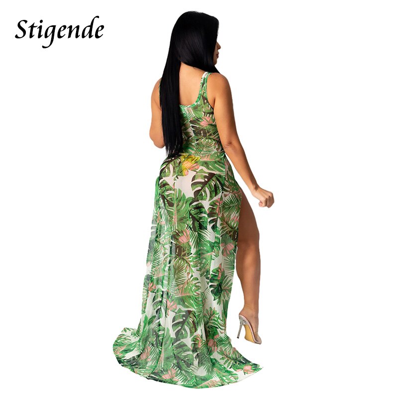 Stigende Women Palm Leaf Mesh Cover Up Dress Summer Floral Print Sundress Beachwear See Through High Split Long Maxi Dress