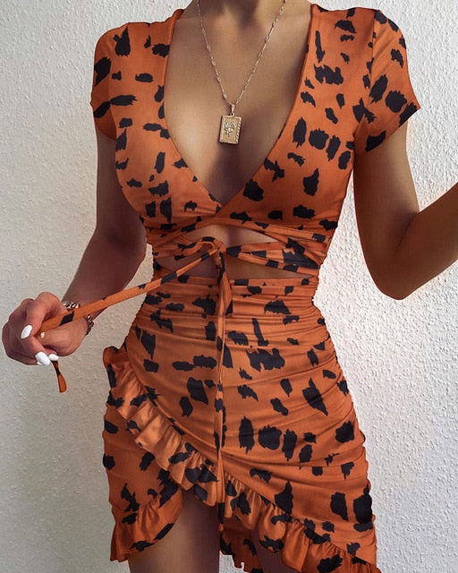 Cryptographic Floral Print Fashion Tie Up Wrap Mini Dress 2021 Summer Holiday Ruffles Sundress Ruched Women's Dress Short Sleeve